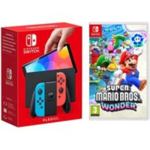 Nintendo Switch OLED (Neon Red & Blue) & Super Mario Bros. Wonder Bundle