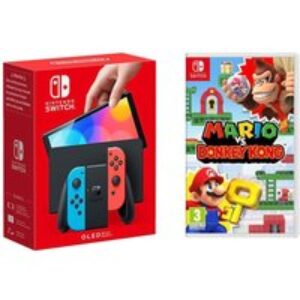 Nintendo Switch OLED (Neon Red & Blue) & Mario vs Donkey Kong Bundle